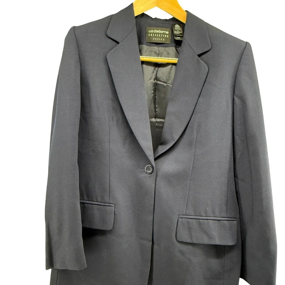 Liz Claiborne Collection‎ Petite Navy Blue Pure Wool Pant Suit Set Size 14P